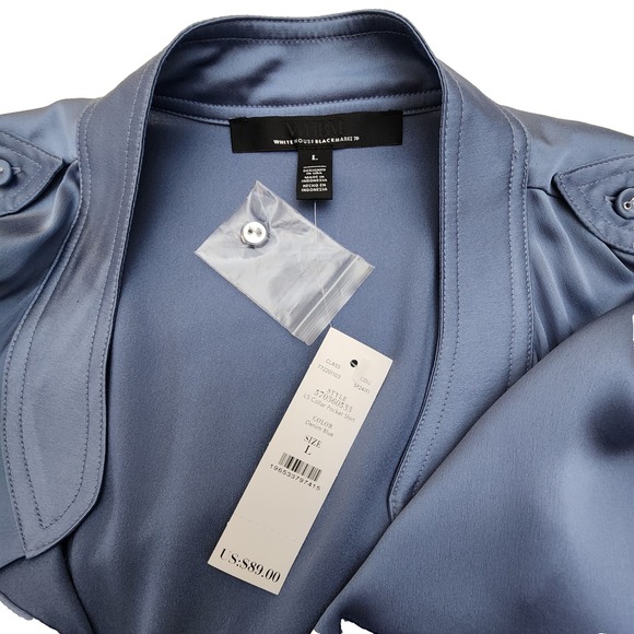 WHBM Long Sleeve Collar Pocket Shirt Button-Up in Steel Blue Satin Sz L  NWT - Picture 4 of 15